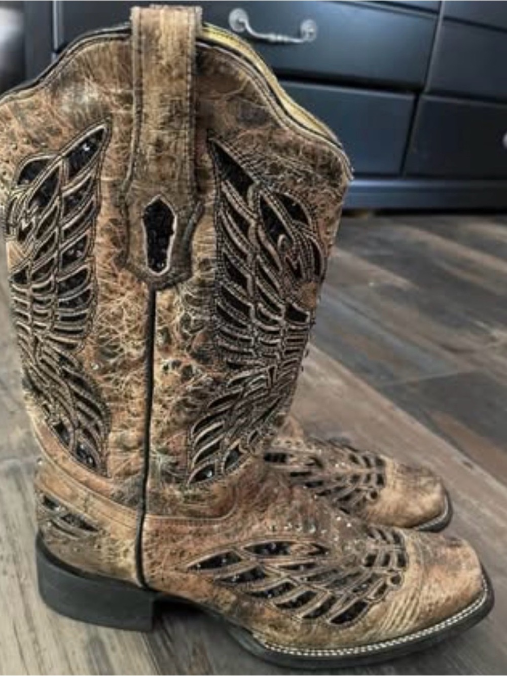 Corral Boots Women Bronze Black Sequence Crystals Butterfly Square Toe Size 9.5